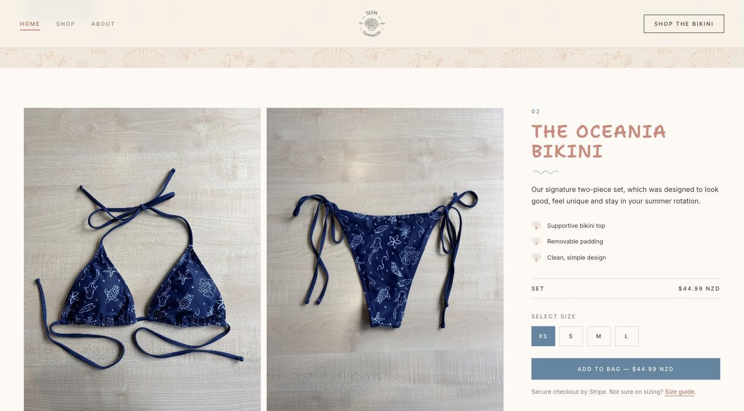 seem swimwear — the oceania bikini product section with size picker and stripe checkout