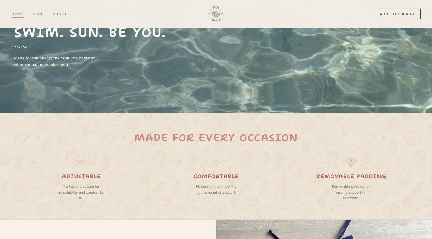 seem swimwear — full-bleed water section and the made-for-every-occasion feature row