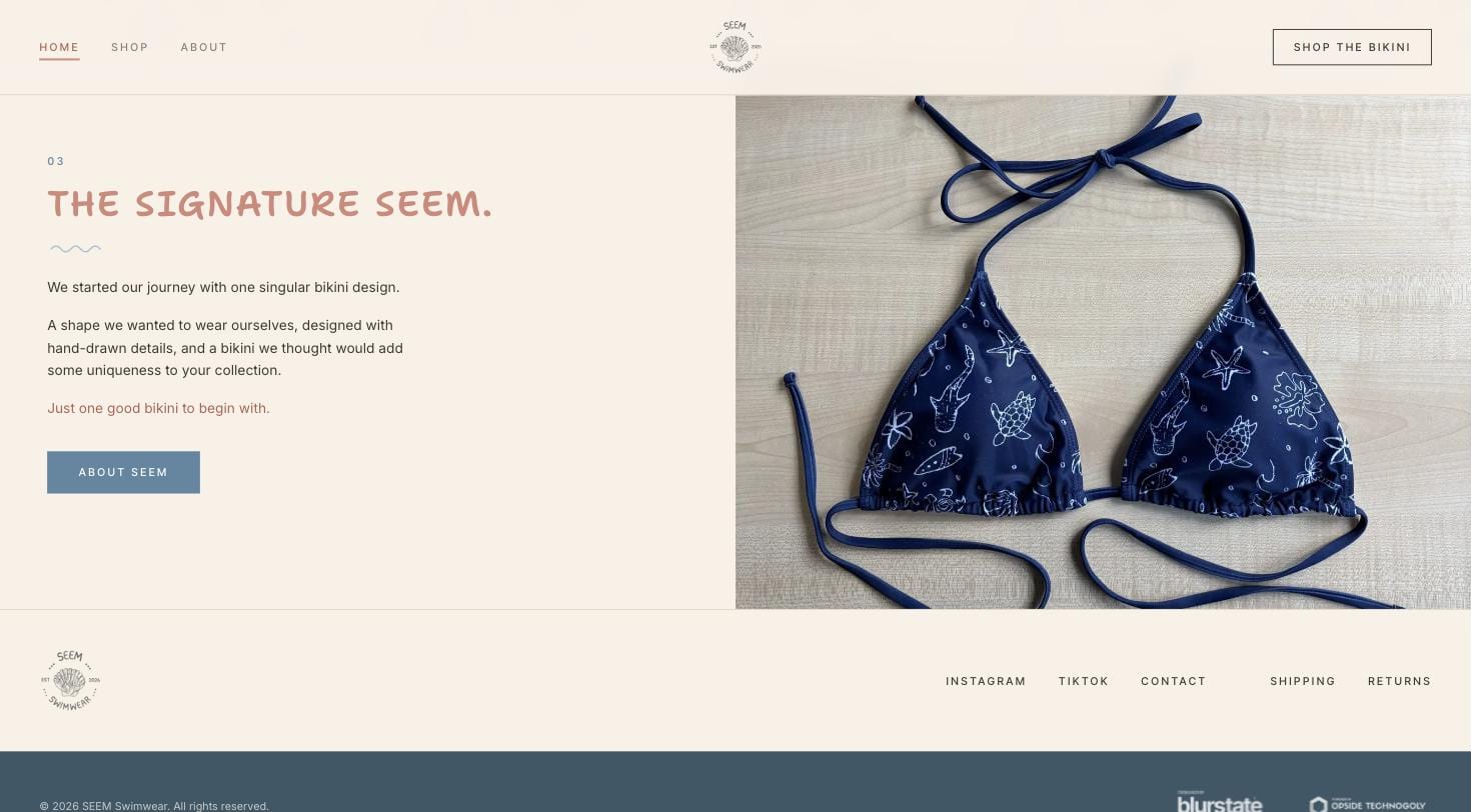 seem swimwear — the signature seem story section and site footer