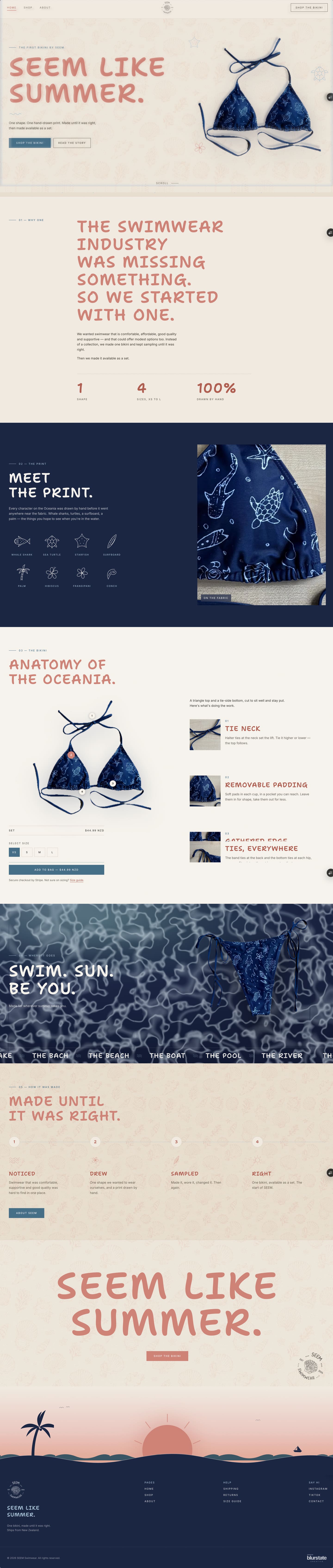 the full seem swimwear homepage, from the hero through the print, the bikini, and the footer