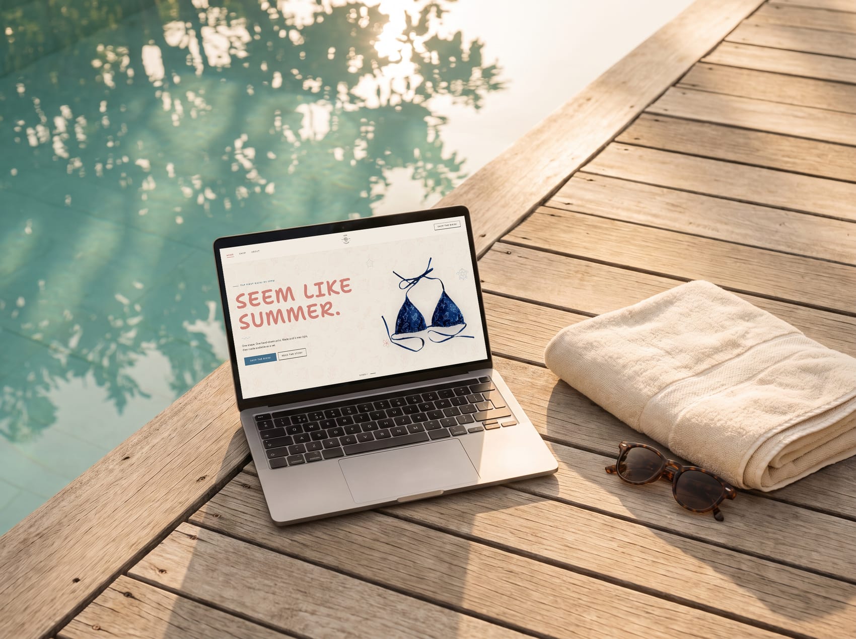 the seem swimwear homepage on a laptop beside a pool, a folded towel and sunglasses next to it